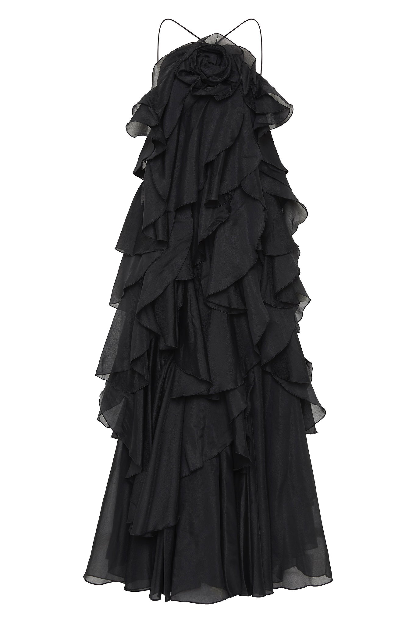 3D floral dress with halter neck and ruffle details