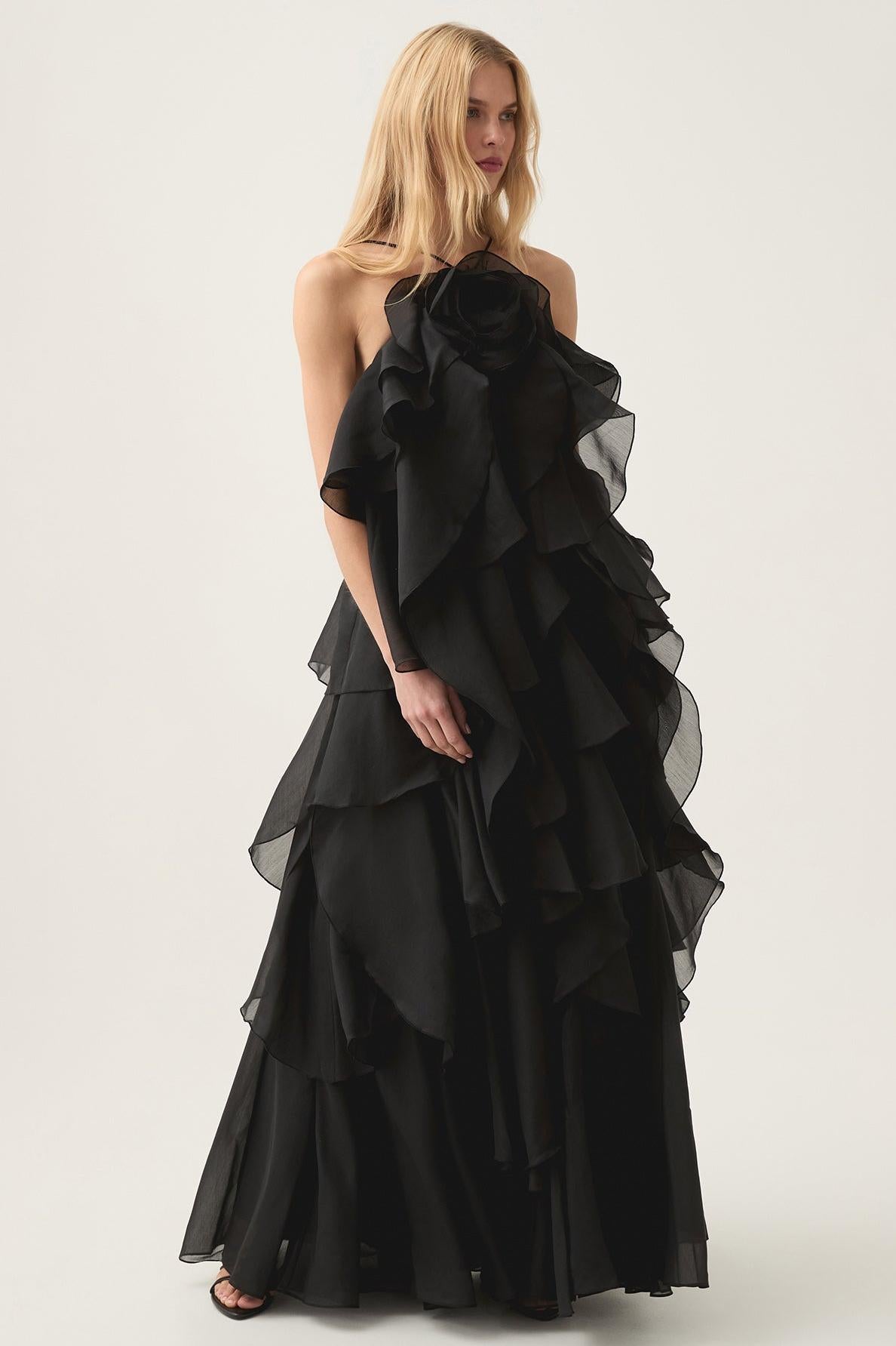 3D floral dress with halter neck and ruffle details