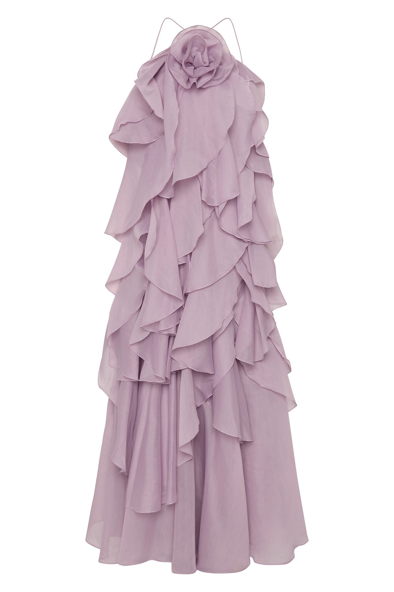3D floral dress with halter neck and ruffle details