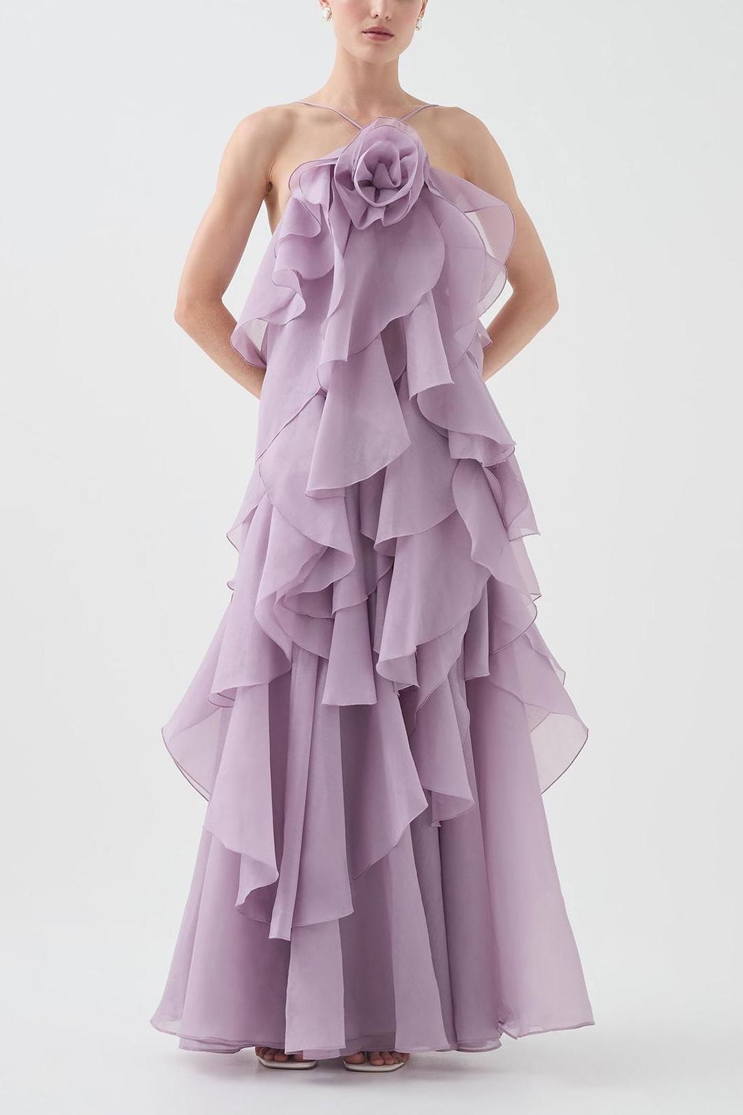 3D floral dress with halter neck and ruffle details