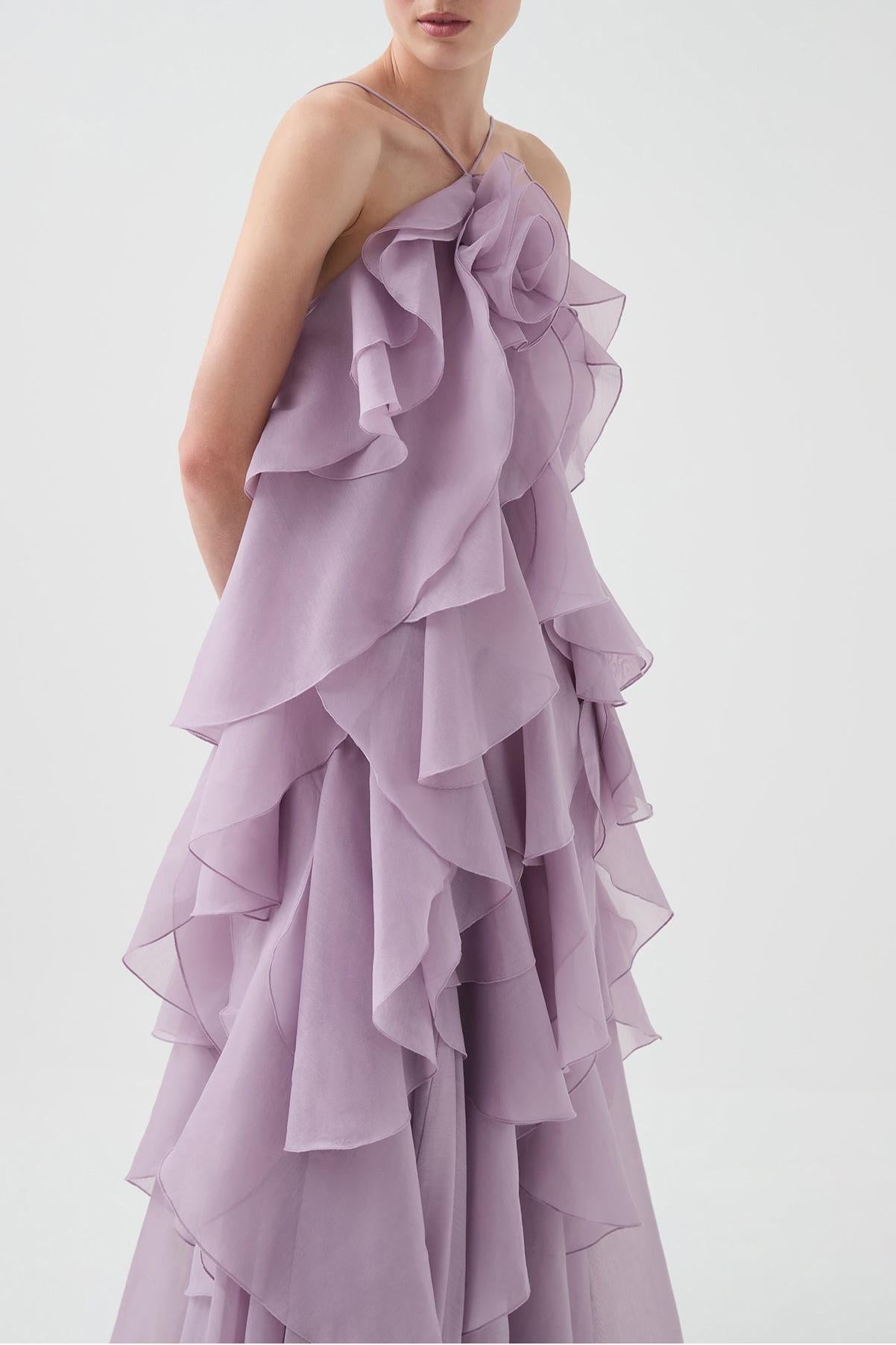 3D floral dress with halter neck and ruffle details