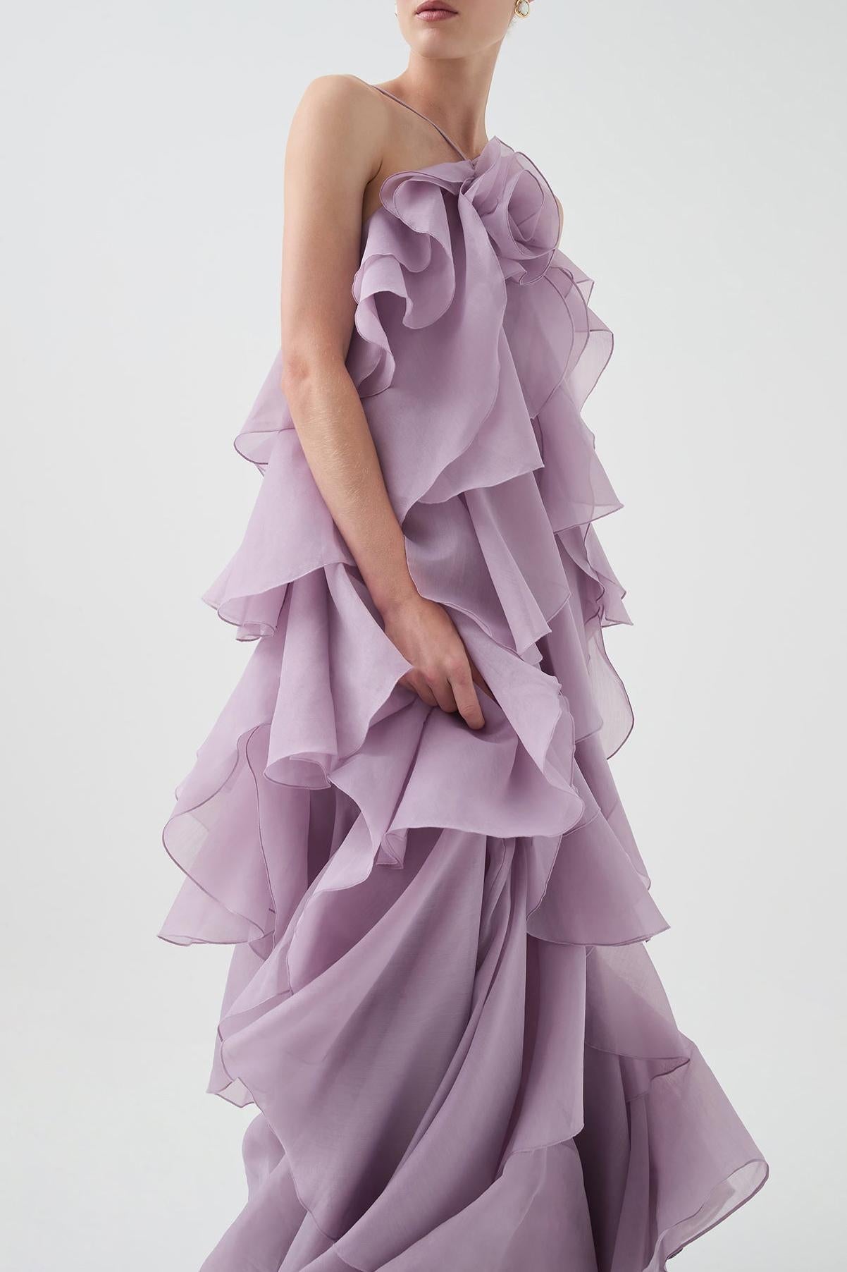 3D floral dress with halter neck and ruffle details
