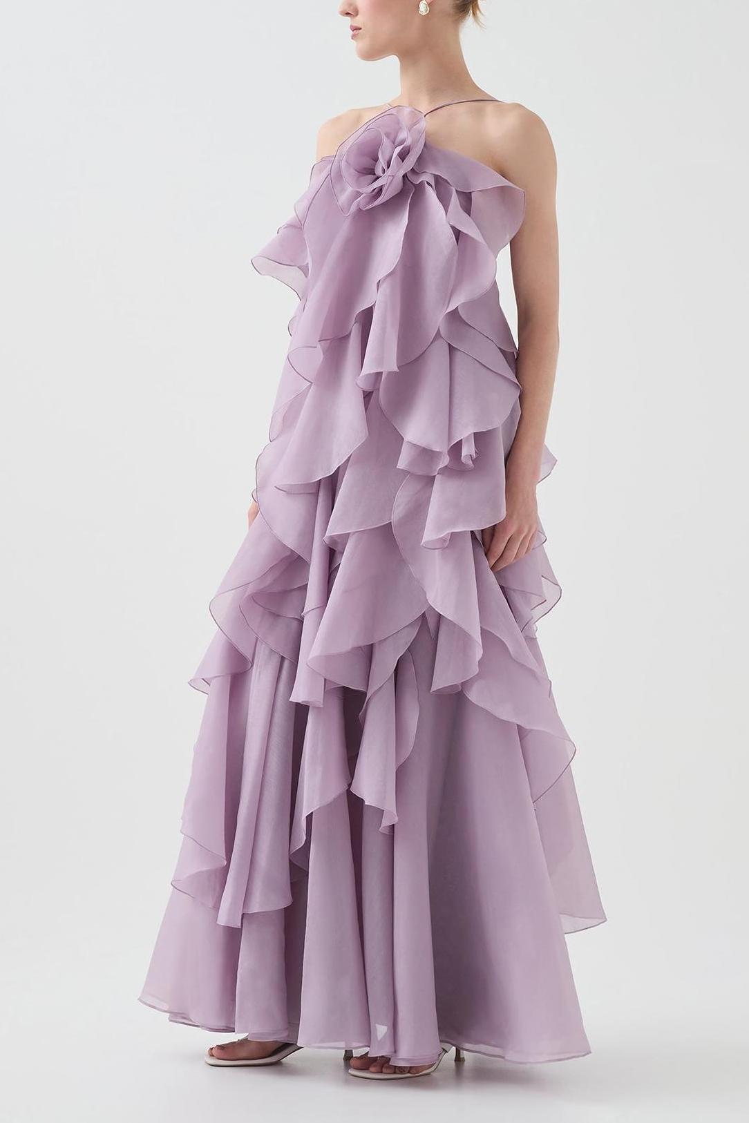 3D floral dress with halter neck and ruffle details