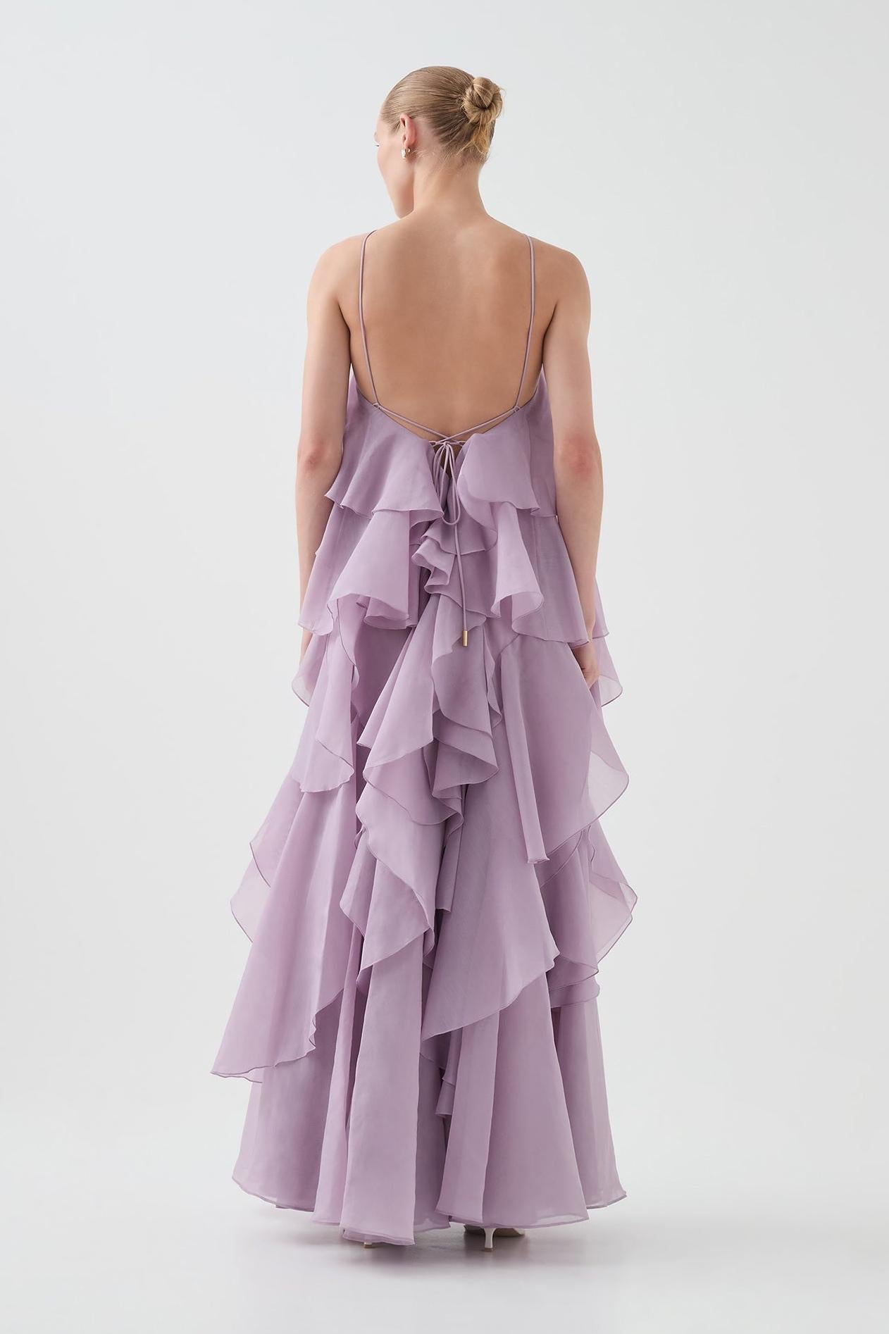 3D floral dress with halter neck and ruffle details