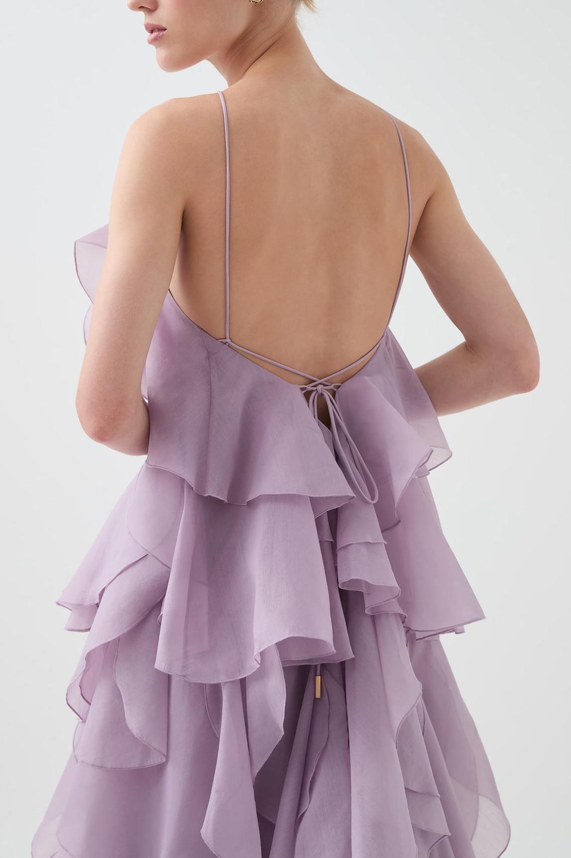 3D floral dress with halter neck and ruffle details