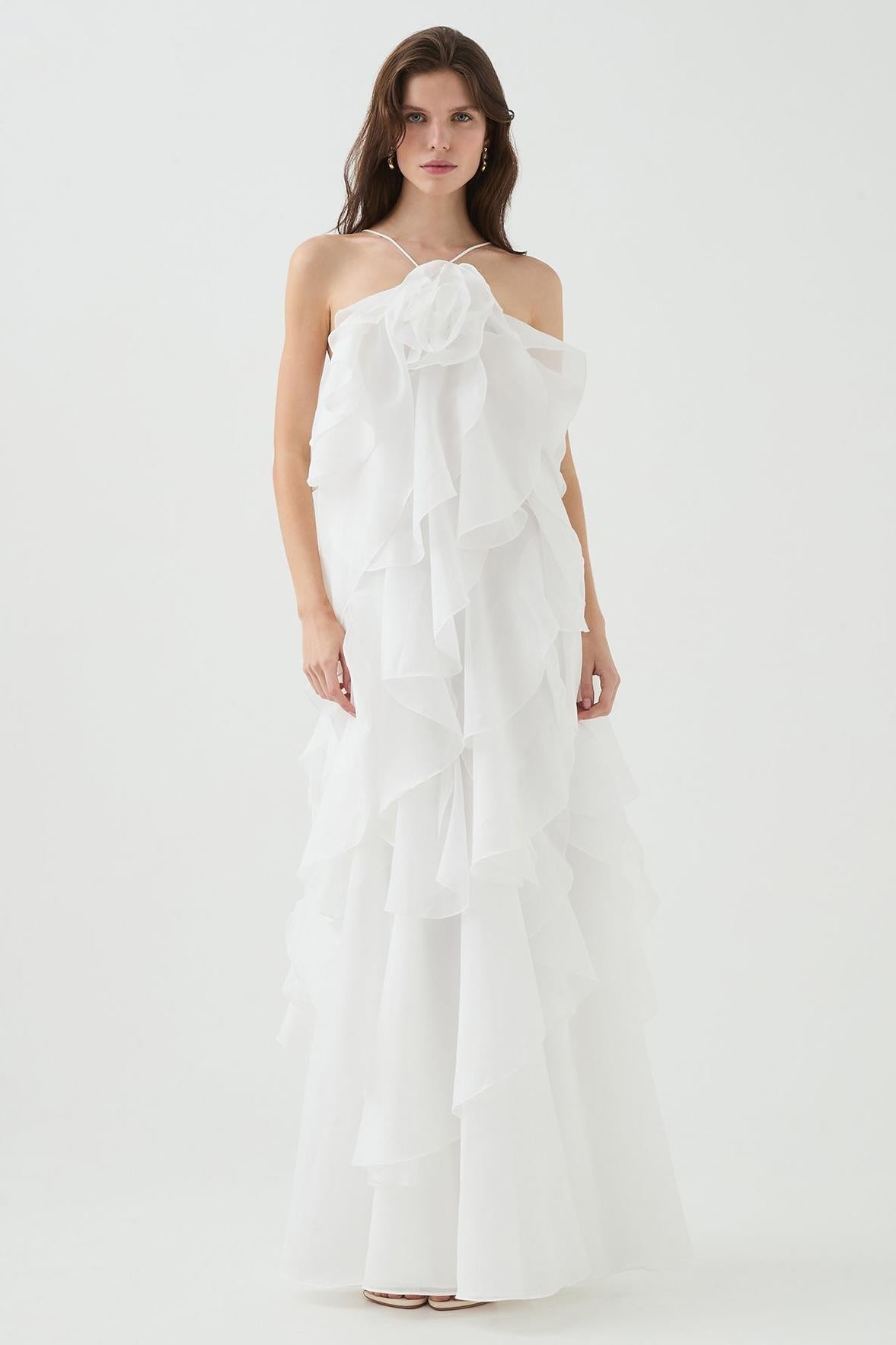 3D floral dress with halter neck and ruffle details