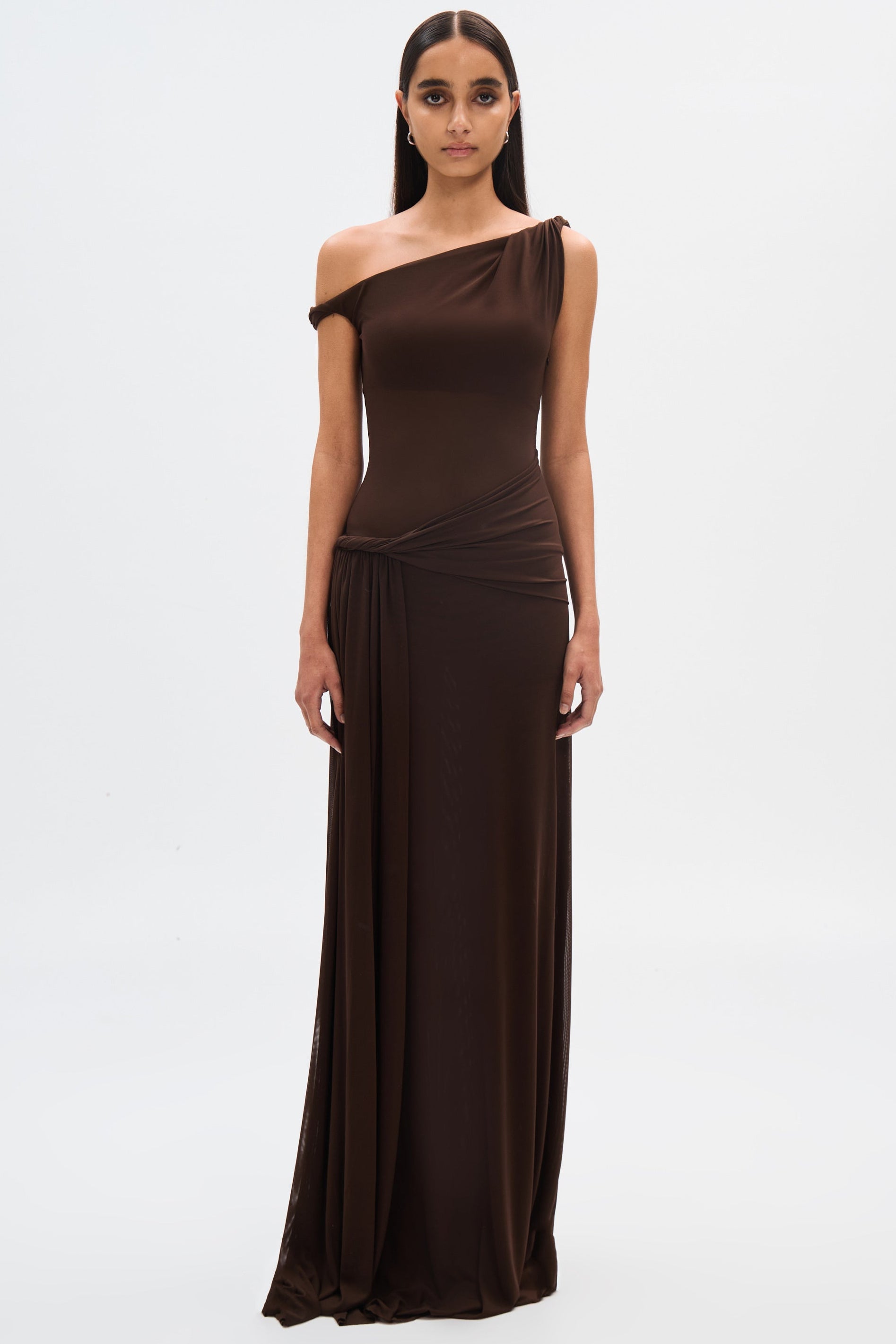 Maxi Dress Made of Mesh Fabric in Brown with Draped Design for Elegant Occasions