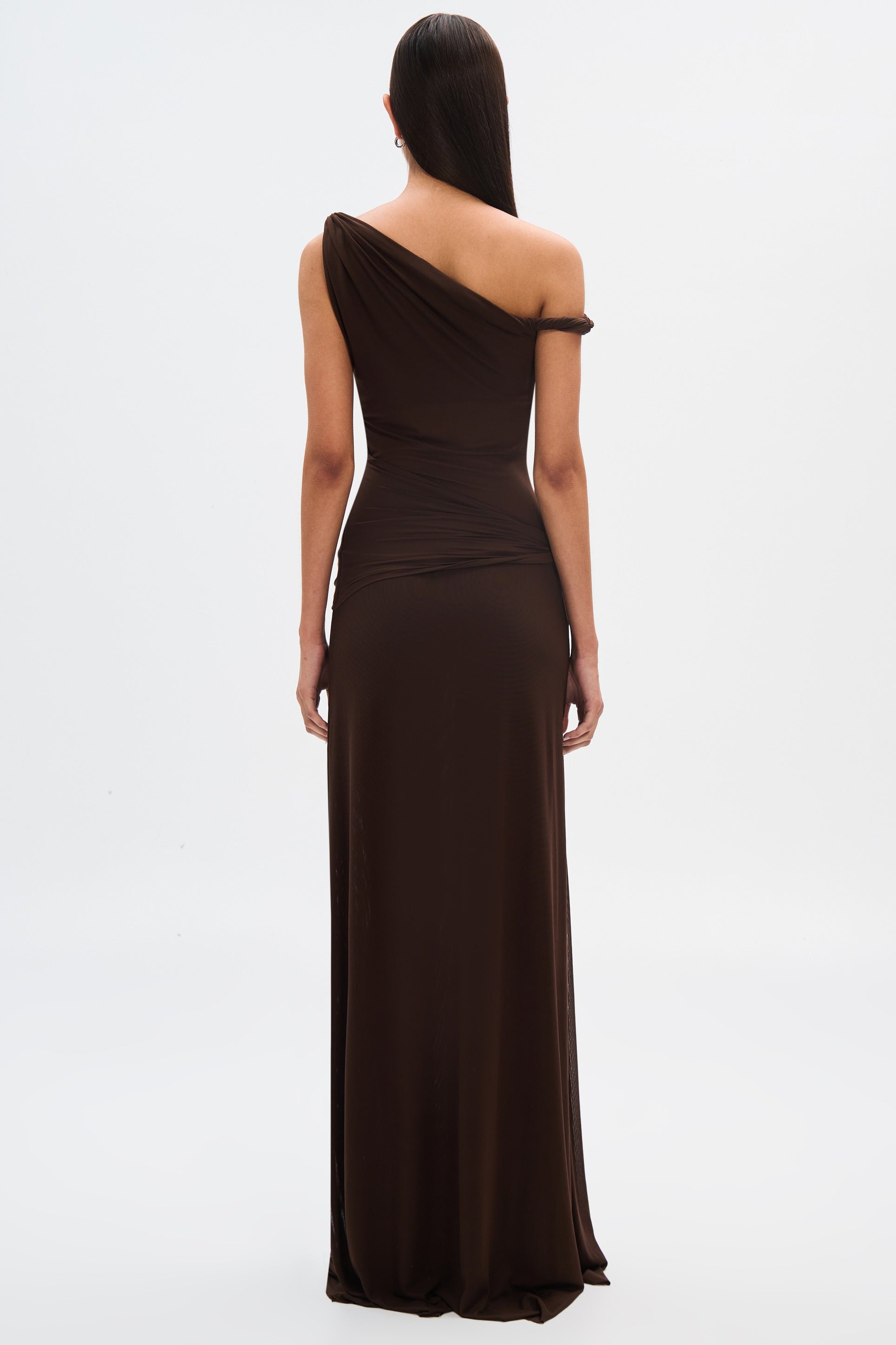 Maxi Dress Made of Mesh Fabric in Brown with Draped Design for Elegant Occasions