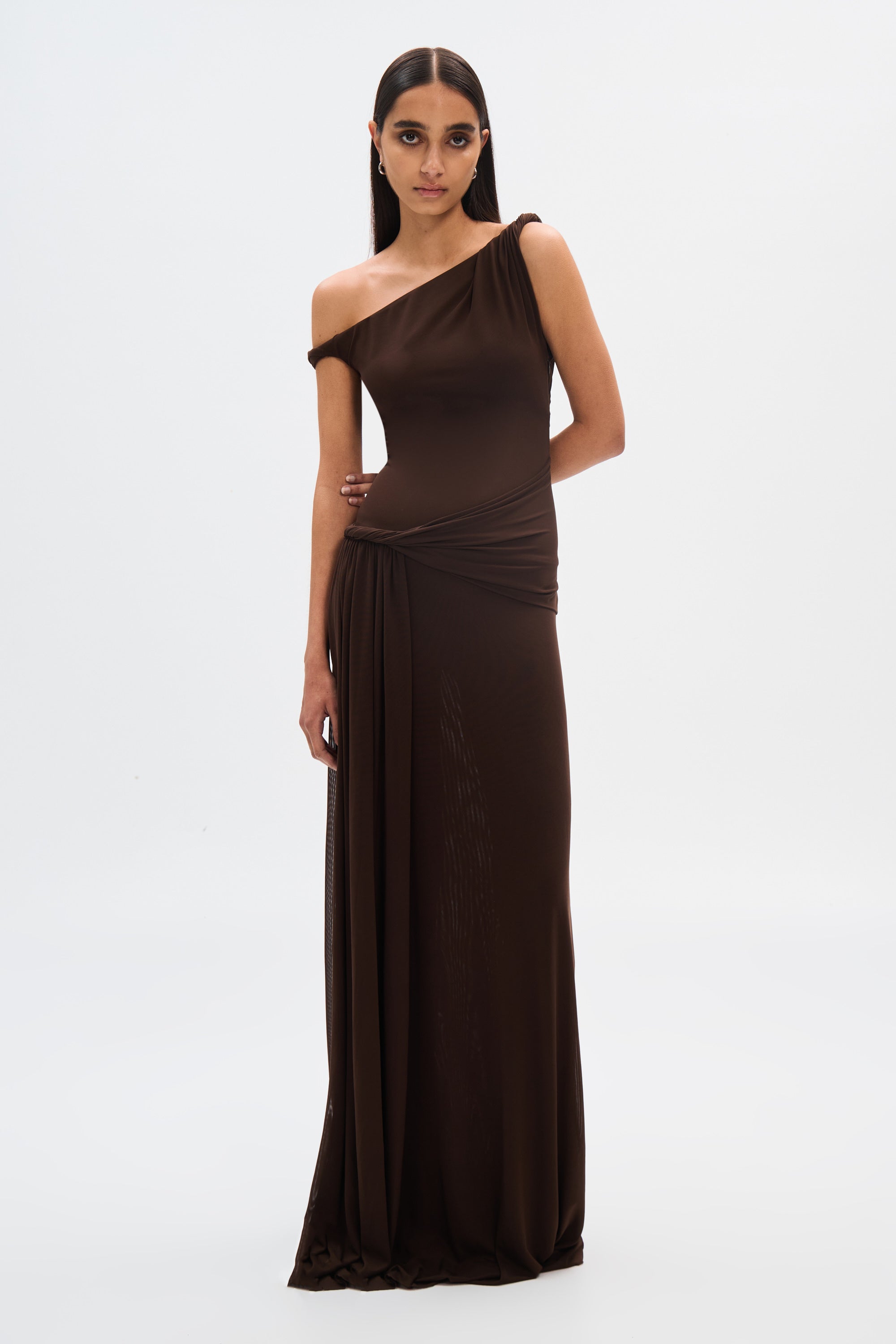Maxi Dress Made of Mesh Fabric in Brown with Draped Design for Elegant Occasions