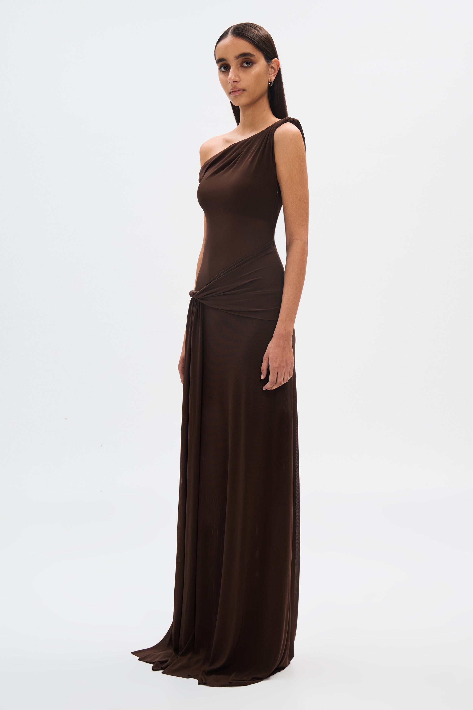 Maxi Dress Made of Mesh Fabric in Brown with Draped Design for Elegant Occasions