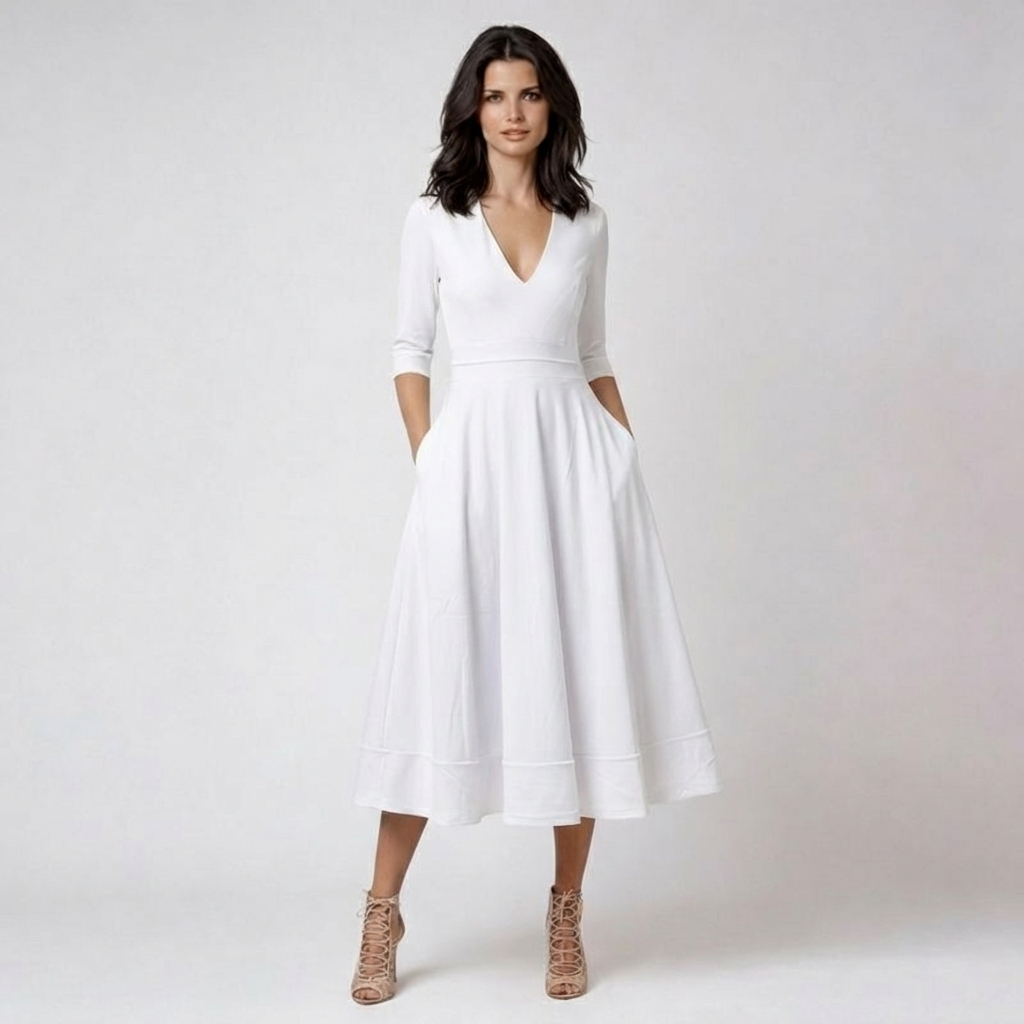 Women's White Midi Dress with Deep V-Neck and 3/4 Sleeves | Elegant
