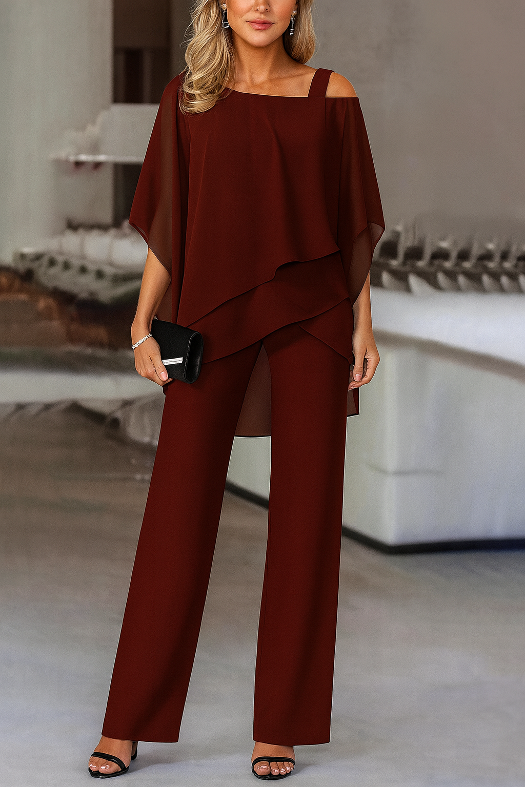 Stylish Evening Set for Women With Off-Shoulder Top And Wide Pants