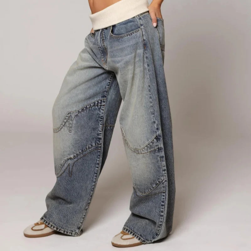 Y2K Style Baggy Wide Leg Jeans | Vintage Light Wash with Ribbed Waistband