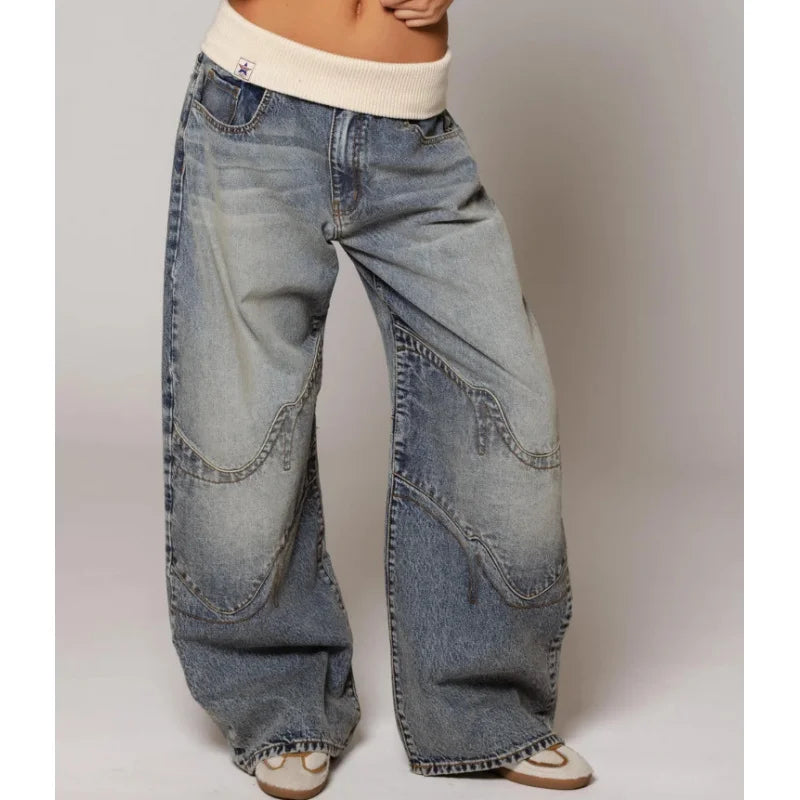 Y2K Style Baggy Wide Leg Jeans | Vintage Light Wash with Ribbed Waistband