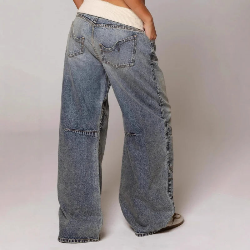 Y2K Style Baggy Wide Leg Jeans | Vintage Light Wash with Ribbed Waistband