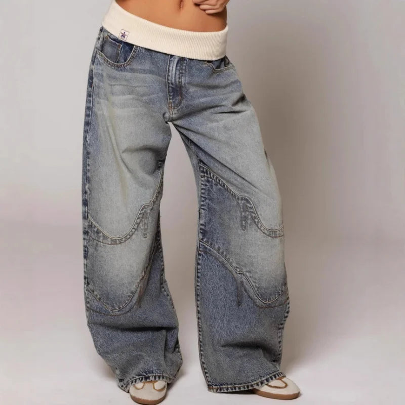 Y2K Style Baggy Wide Leg Jeans | Vintage Light Wash with Ribbed Waistband