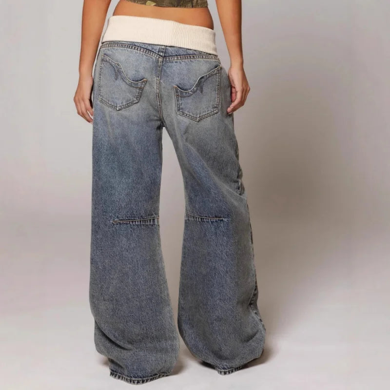 Y2K Style Baggy Wide Leg Jeans | Vintage Light Wash with Ribbed Waistband