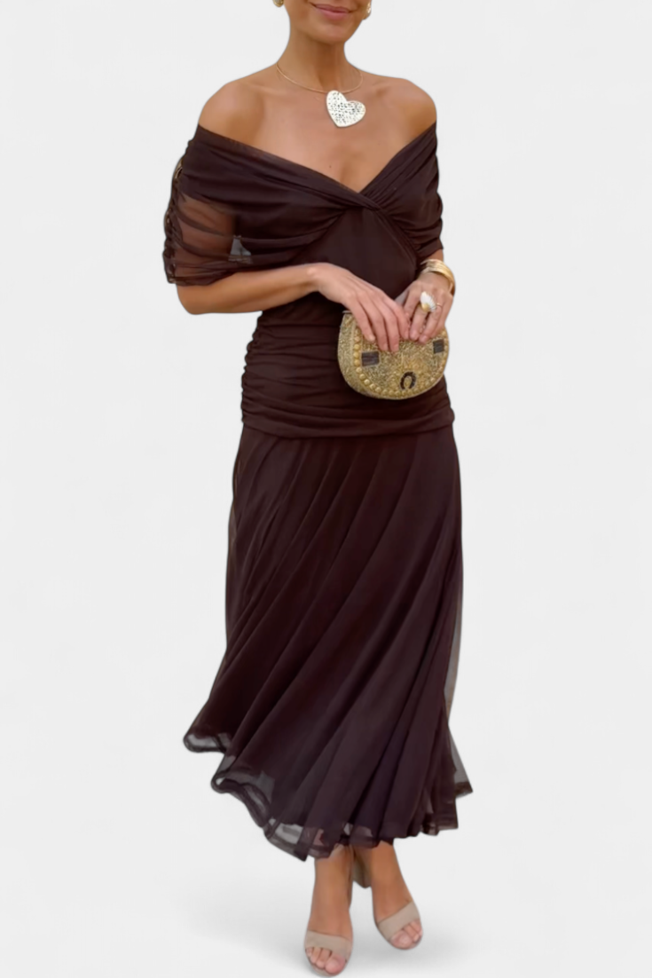 Women's Elegant V-Neck Shirred Maxi Dress