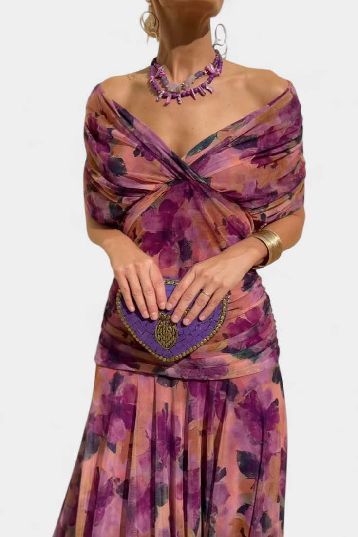 Women's Elegant V-Neck Shirred Maxi Dress