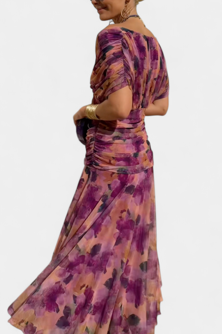 Women's Elegant V-Neck Shirred Maxi Dress