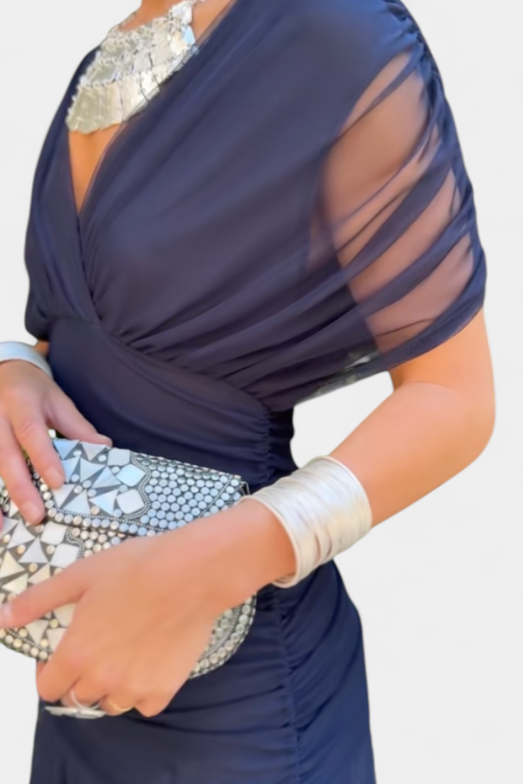 Women's Elegant V-Neck Shirred Maxi Dress