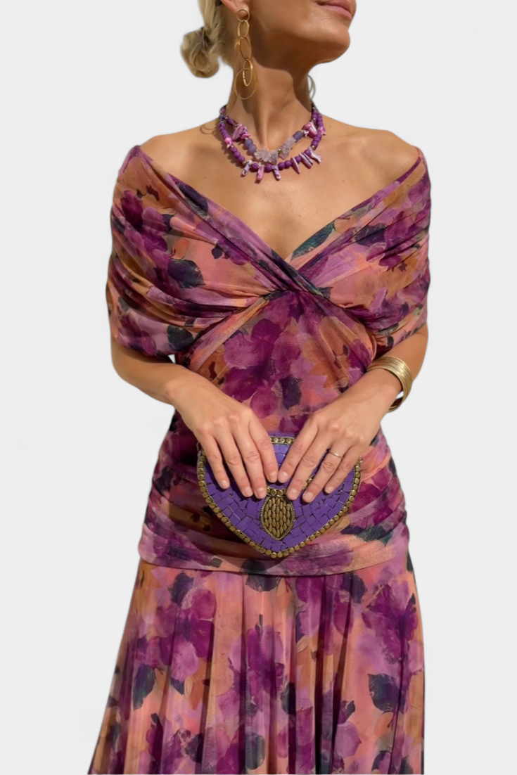Women's Elegant V-Neck Shirred Maxi Dress