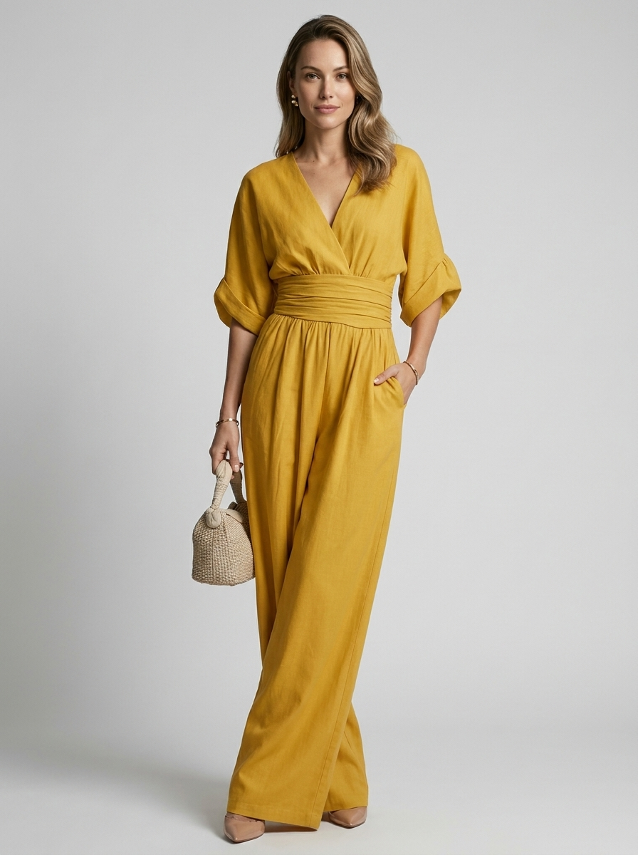 Elegant Jumpsuit With V-Neckline And Wide Legs