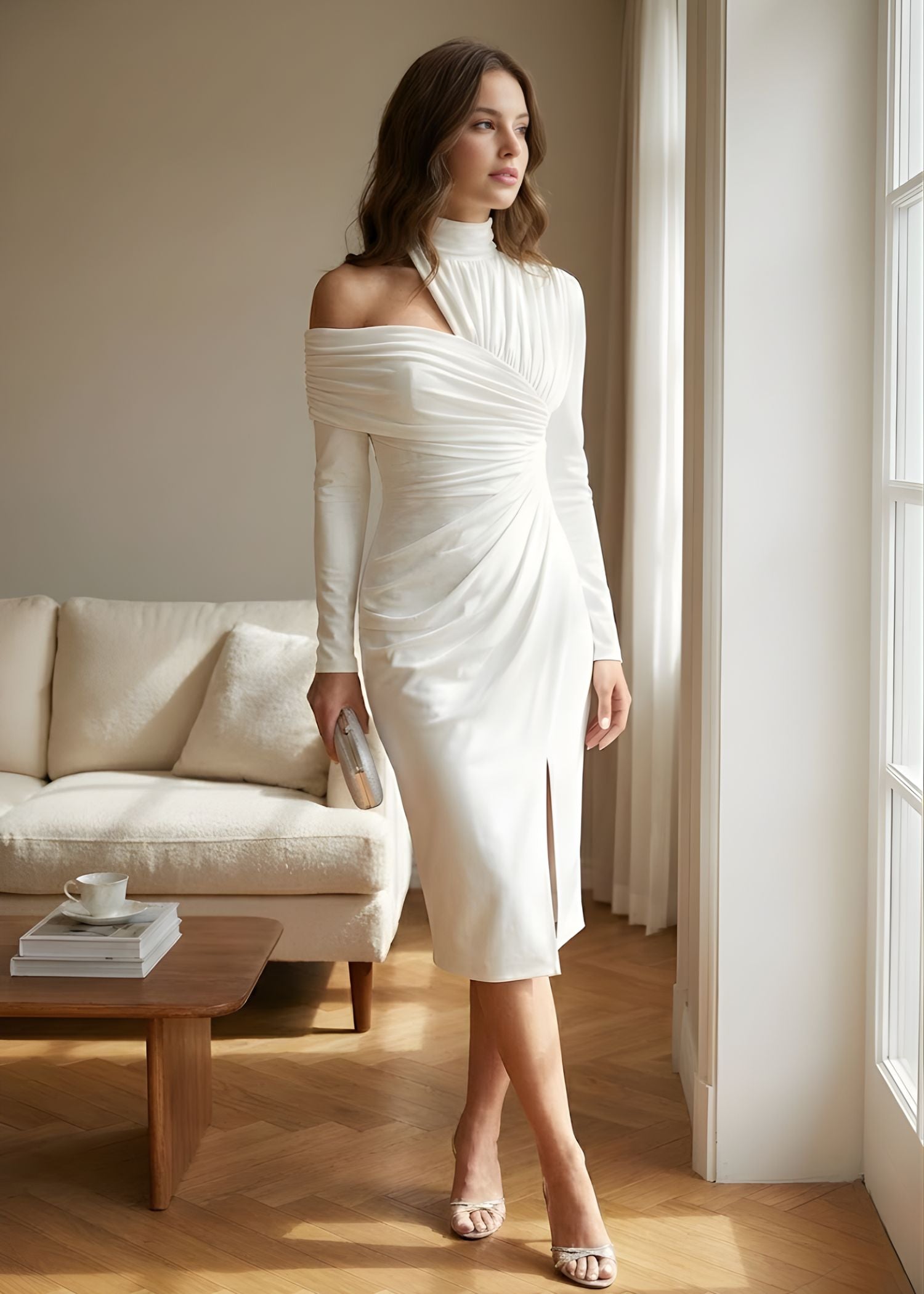Women’s Asymmetric Midi Dress with Draped One Shoulder