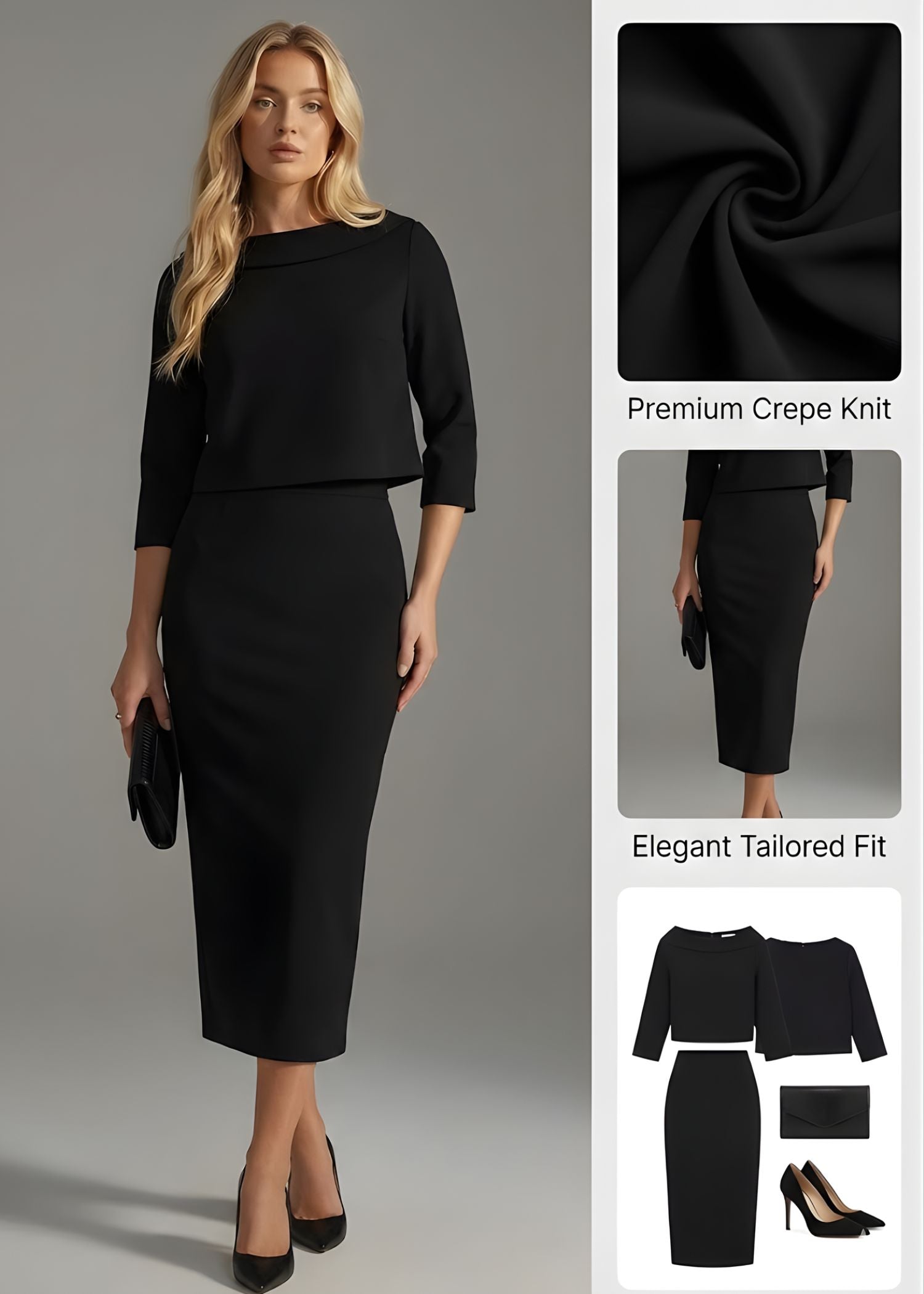 Women’s Boat Neck Midi Skirt Set with Elegant 3/4 Sleeves