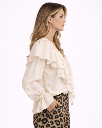 Women's V-Neck Ruffled Blouse with Button Closure