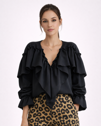 Women's V-Neck Ruffled Blouse with Button Closure