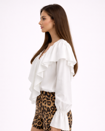 Women's V-Neck Ruffled Blouse with Button Closure
