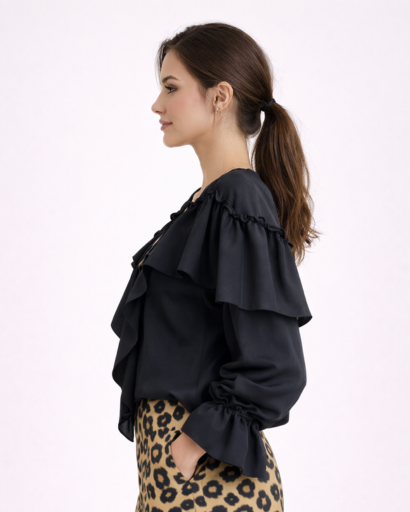 Women's V-Neck Ruffled Blouse with Button Closure