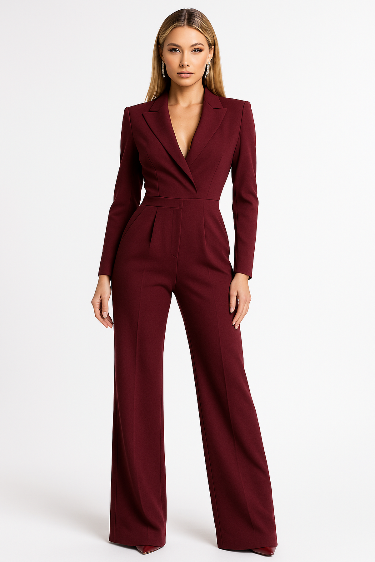 Elegant jumpsuit with long sleeves and wrap design – feminine silhouette for office and evening.