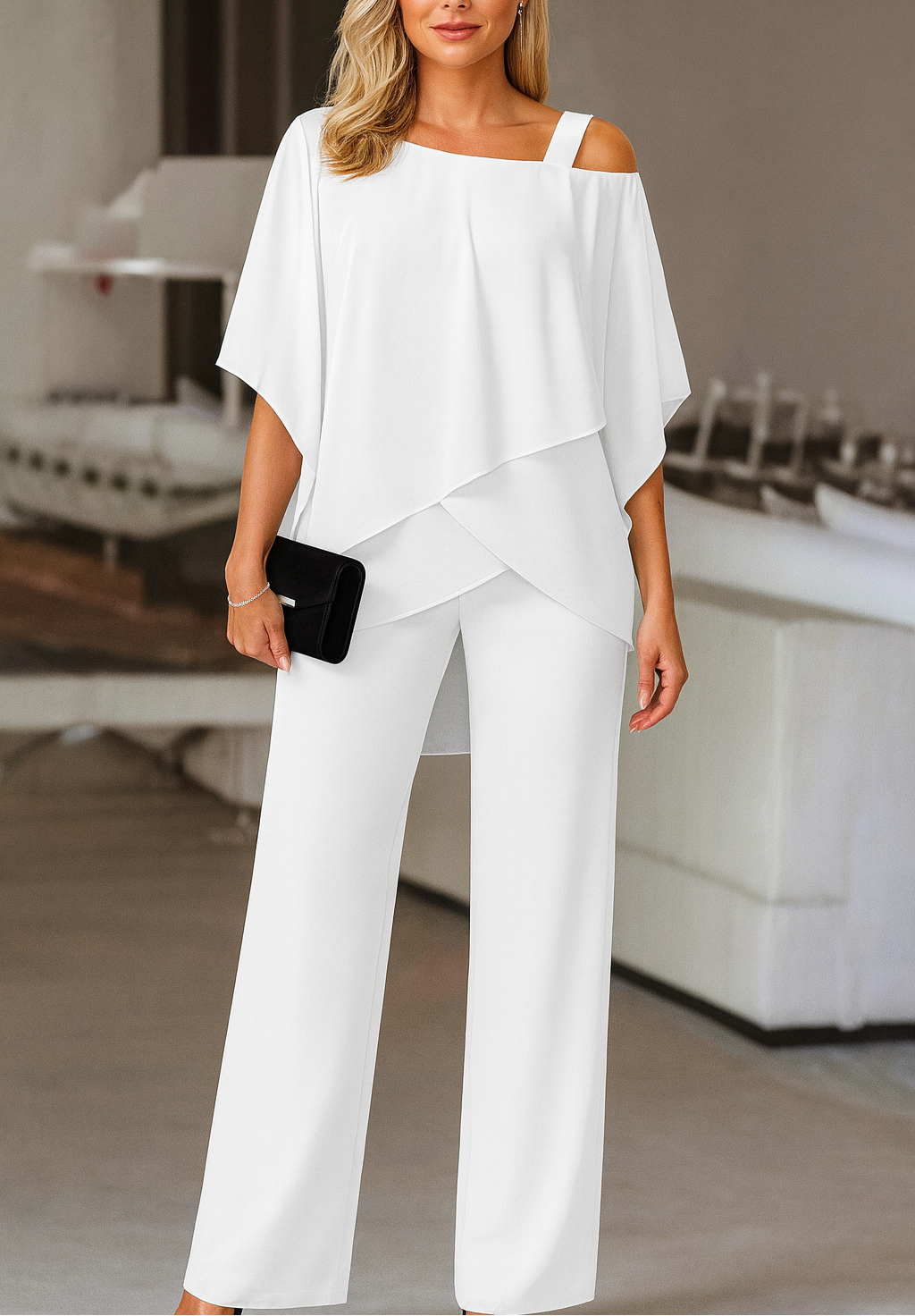 Stylish Evening Set for Women With Off-Shoulder Top And Wide Pants