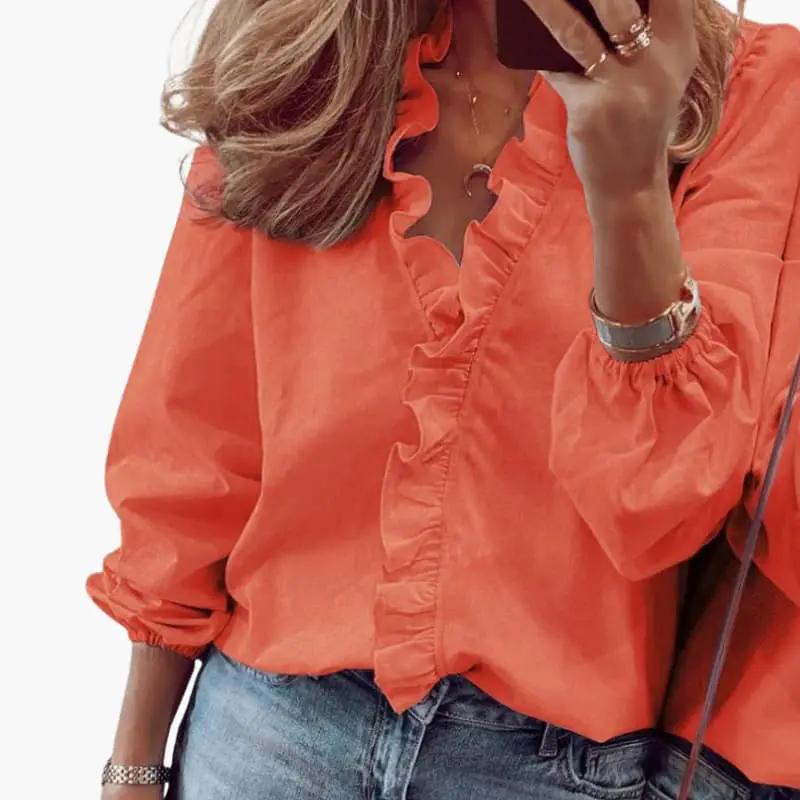 Women’s Long Sleeve Ruffle V Neck Button Blouse