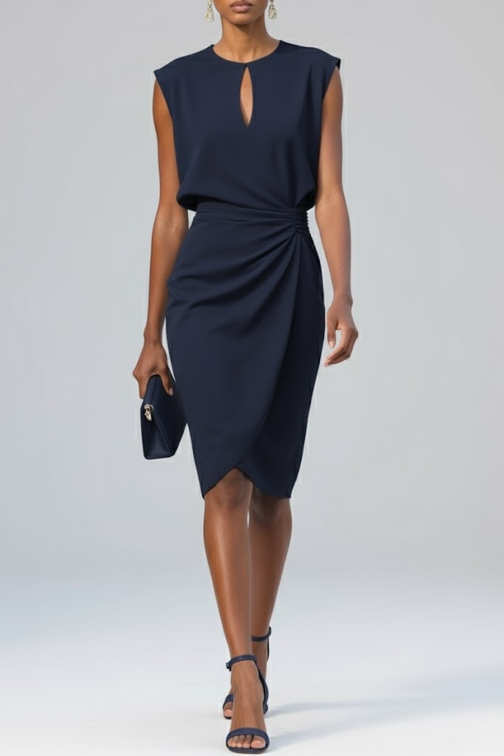 Women's midi cocktail dress with keyhole neckline and gathered waist