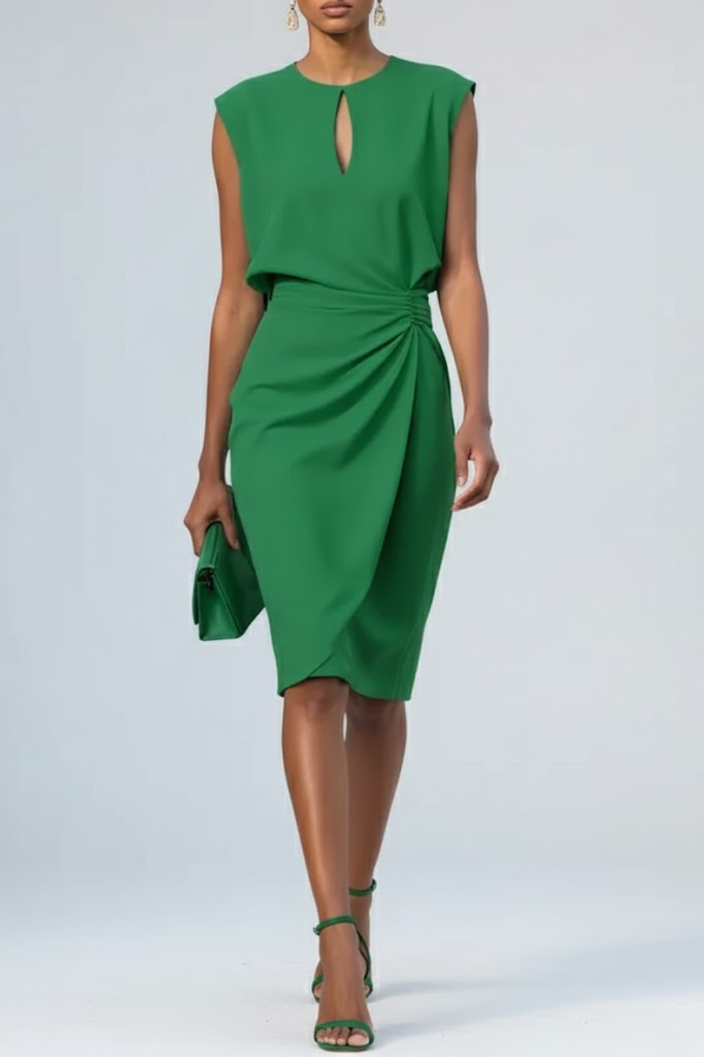 Women's midi cocktail dress with keyhole neckline and gathered waist