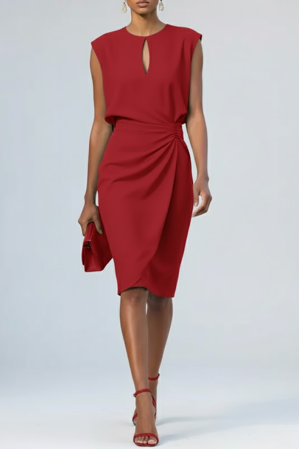 Women's midi cocktail dress with keyhole neckline and gathered waist