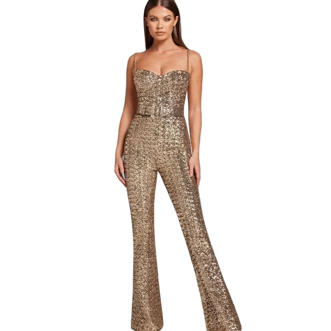 Women’s Full Length Sequin Jumpsuit with Slim Upper Fit