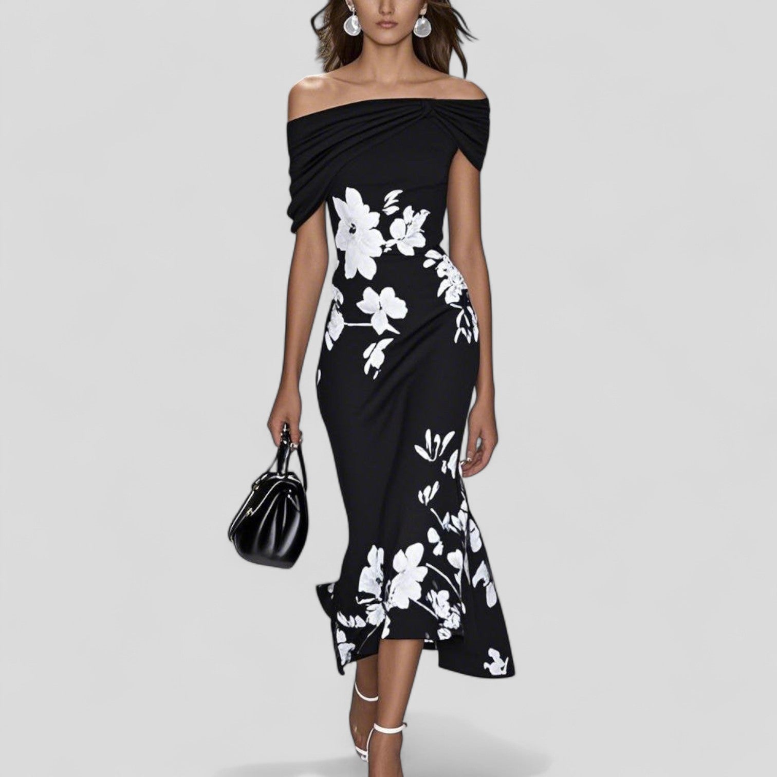 Women's Floral Midi Dress - Off-Shoulder and Ruched Bust Detail