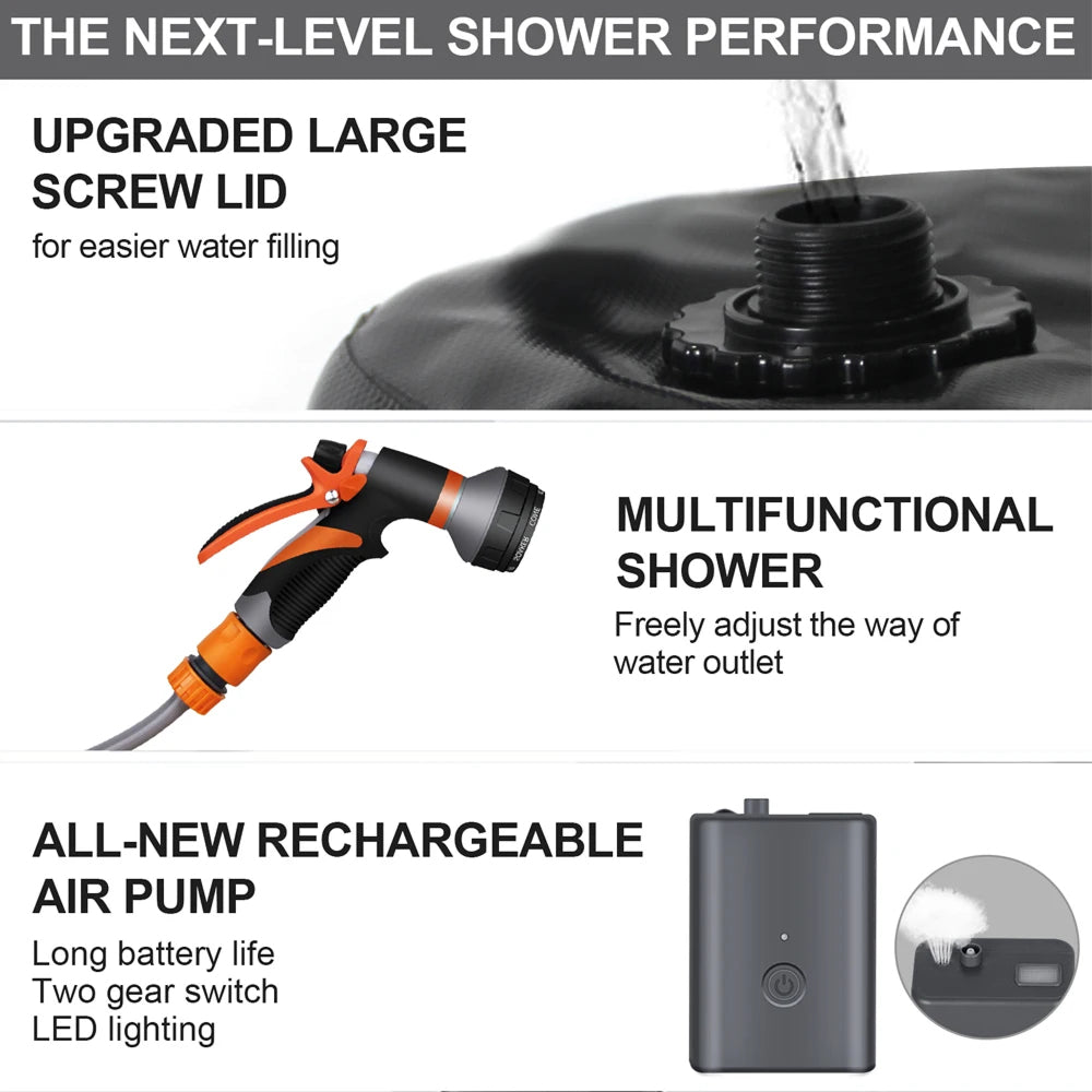 ClinyShowe 20L Portable Camping Shower ,Solar Heating Bag Rechargeable Electric Shower Pump