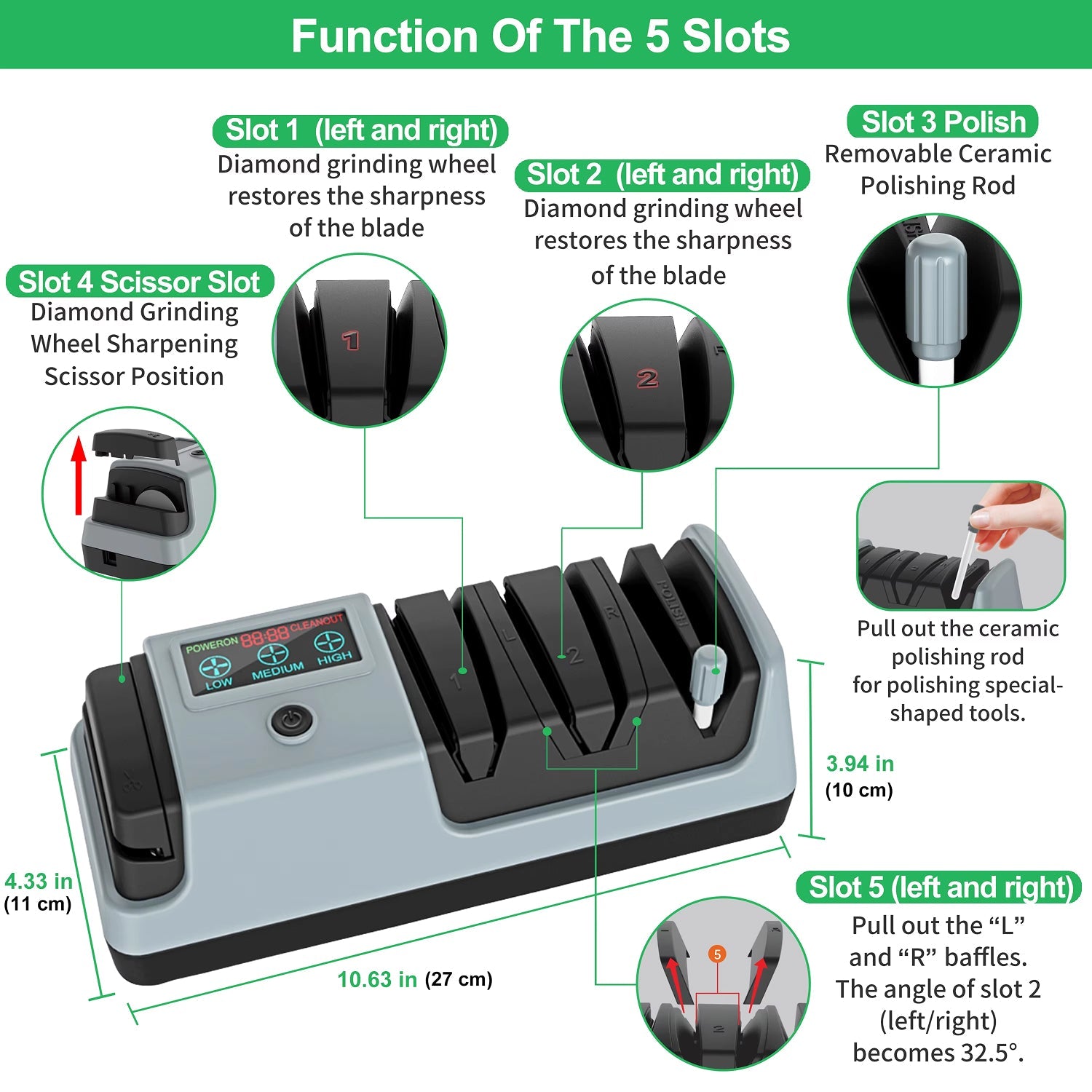 BladeEZgo Electric Knife Sharpener - Adjustable Angle System - 32.5-Degree Quick-Release Baffles - Lift-Up Scissor Sharpening - Compact Kitchen Tool