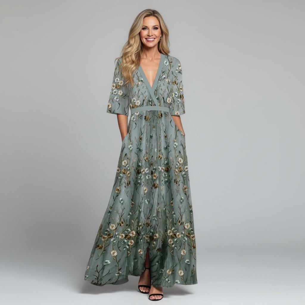 Boho Floral Embroidered Maxi Dress - V-Neck Short Sleeve Garden Party Dress
