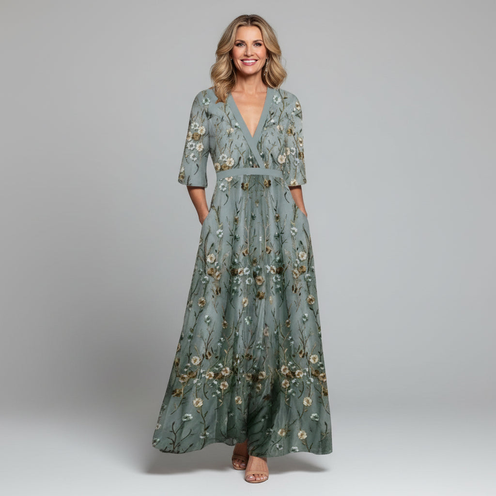 Boho Floral Embroidered Maxi Dress - V-Neck Short Sleeve Garden Party Dress