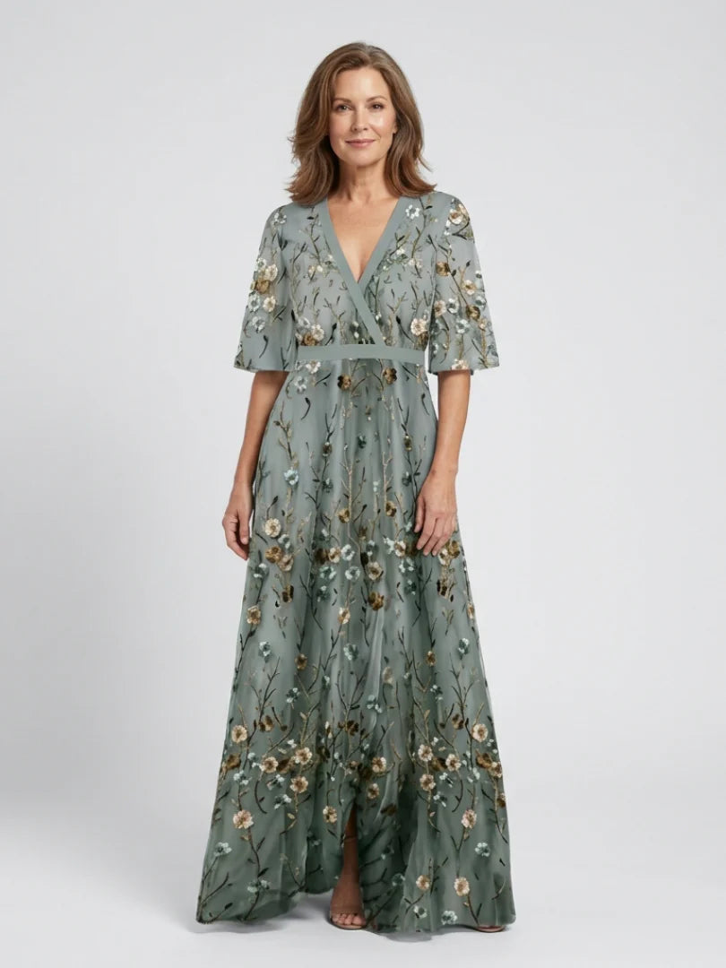 Boho Floral Embroidered Maxi Dress - V-Neck Short Sleeve Garden Party Dress