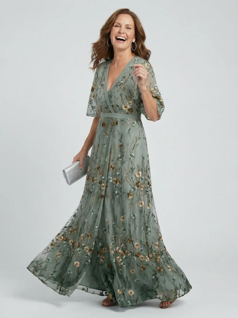 Boho Floral Embroidered Maxi Dress - V-Neck Short Sleeve Garden Party Dress