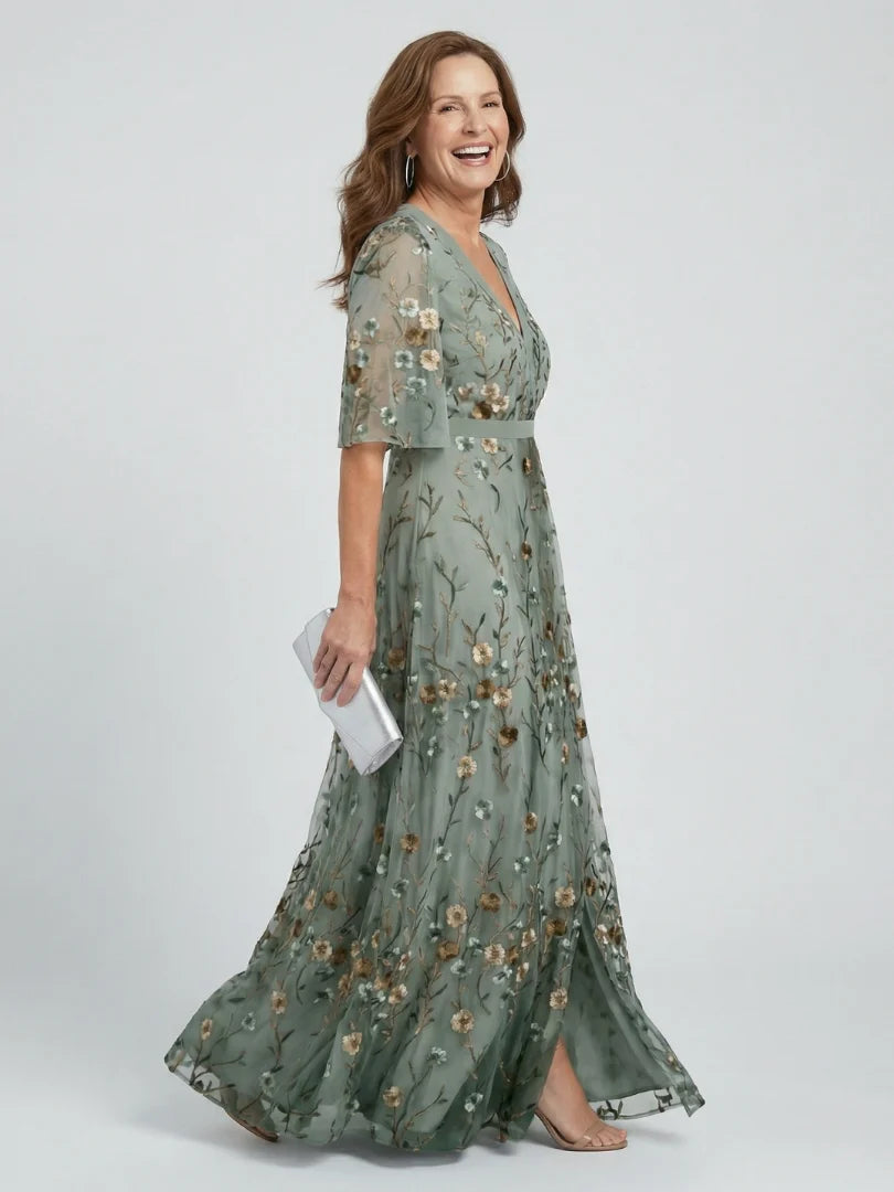 Boho Floral Embroidered Maxi Dress - V-Neck Short Sleeve Garden Party Dress