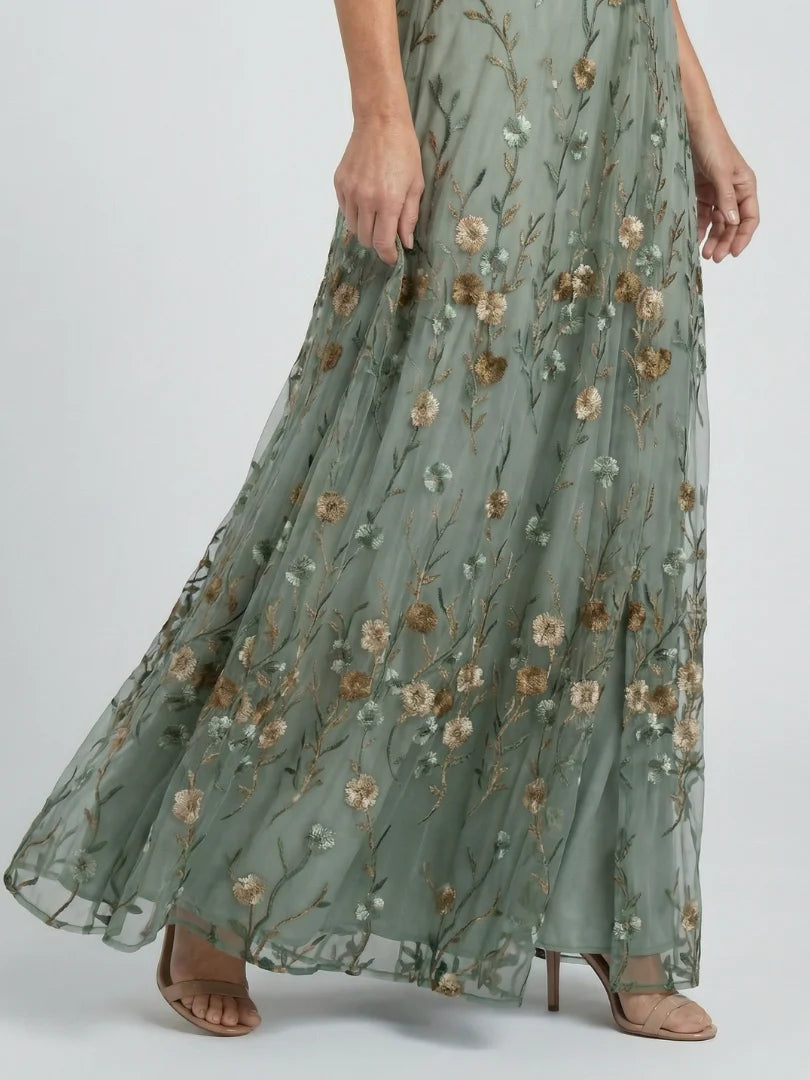Boho Floral Embroidered Maxi Dress - V-Neck Short Sleeve Garden Party Dress