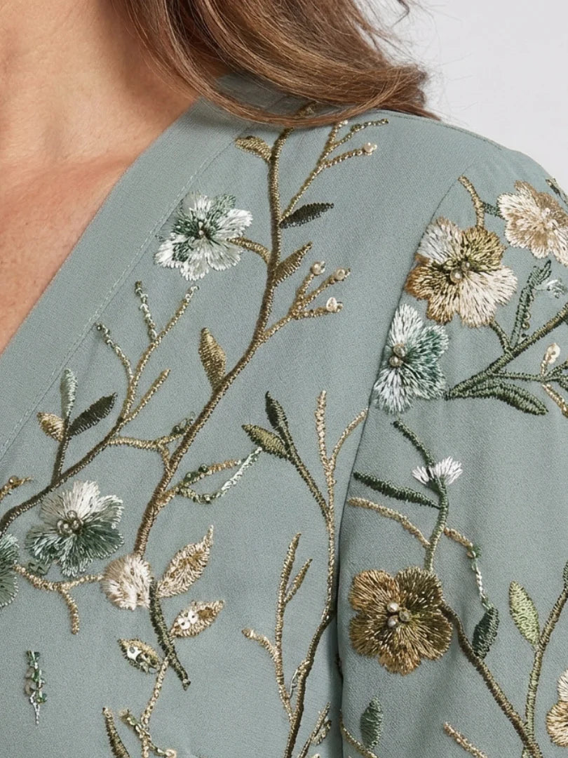 Boho Floral Embroidered Maxi Dress - V-Neck Short Sleeve Garden Party Dress